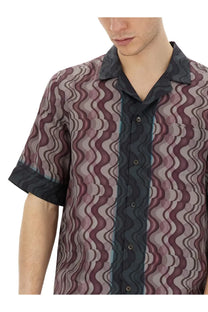 Dries Van Noten men’s short-sleeved button-up shirt with bold mauve gray wavy pattern and black collar cuffs trim