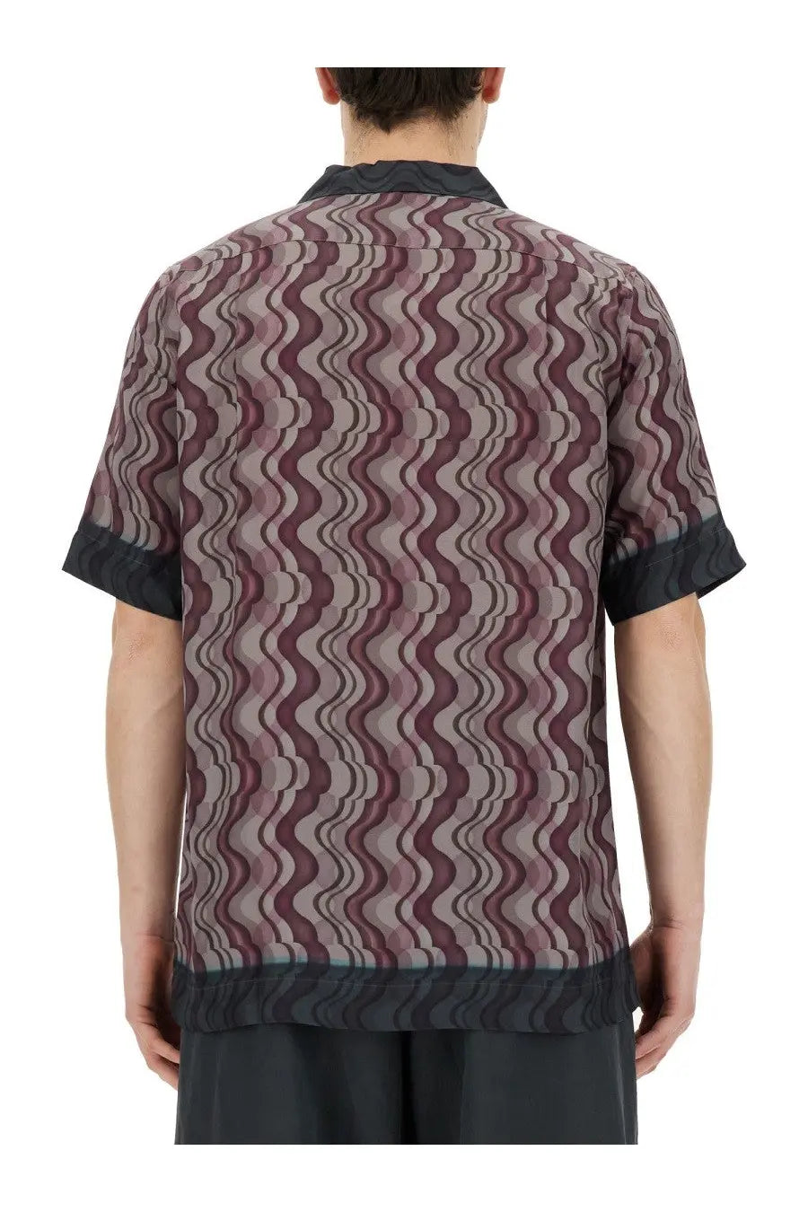 Dries Van Noten men’s short-sleeved printed shirt in maroon and gray with black collar cuffs and hem