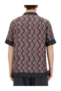 Dries Van Noten men’s short-sleeved printed shirt in maroon and gray with black collar cuffs and hem
