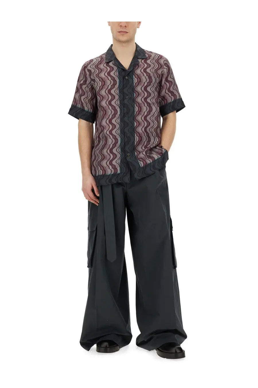 Dries Van Noten men’s short-sleeved button-up shirt with wavy maroon and black printed fabric