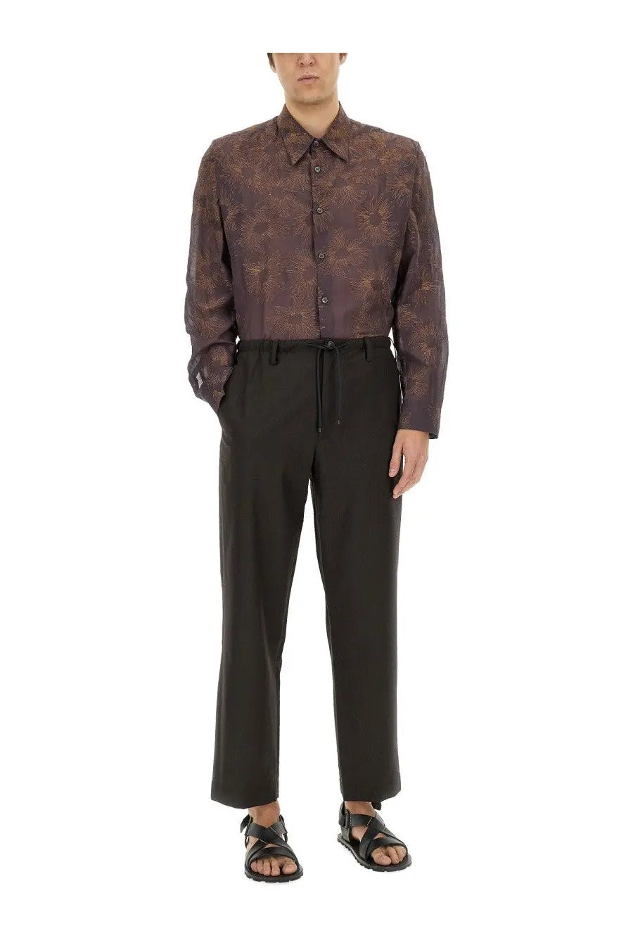 Dries Van Noten men’s long-sleeved button-up shirt in dark brown with a subtle gold-toned floral pattern