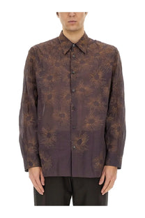 Dries Van Noten men’s printed shirt in dark brown semi-sheer fabric with subtle golden sunflower pattern
