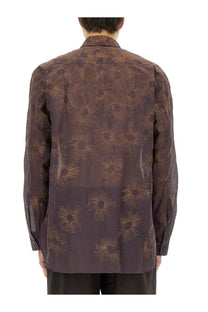 Dries Van Noten men’s printed shirt in dark brown semi sheer fabric with subtle gold floral pattern