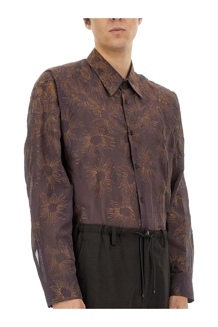 Dries van noten men’s printed shirt in dark brown semi sheer fabric with a subtle gold sunburst pattern