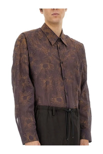 Dries van noten men’s printed shirt in dark brown semi sheer fabric with a subtle gold sunburst pattern