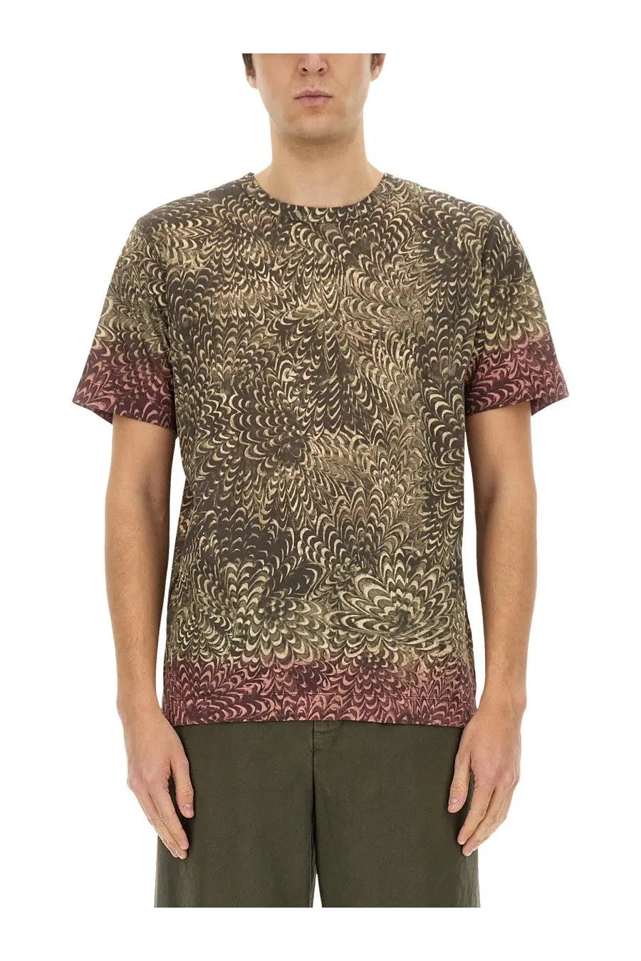 Dries Van Noten men’s regular fit short-sleeved t-shirt with swirling abstract pattern in brown beige and maroon accents