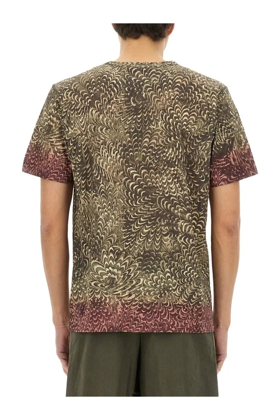 Dries Van Noten men’s regular fit short-sleeved t-shirt with swirling feather pattern in brown beige and reddish tones