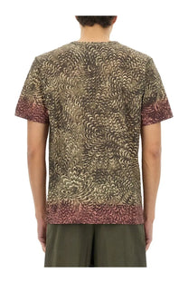 Dries Van Noten men’s regular fit short-sleeved t-shirt with swirling feather pattern in brown beige and reddish tones