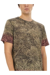 Dries Van Noten men’s regular fit short-sleeved t-shirt with swirling feather pattern in brown beige and maroon cuffs