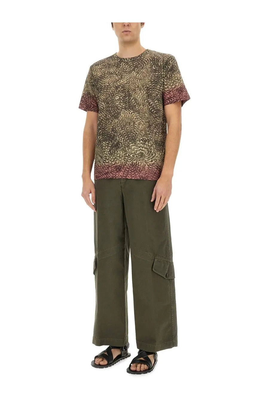 Dries Van Noten men’s regular fit short-sleeved t-shirt with textured swirling pattern in earthy tones and burgundy hem