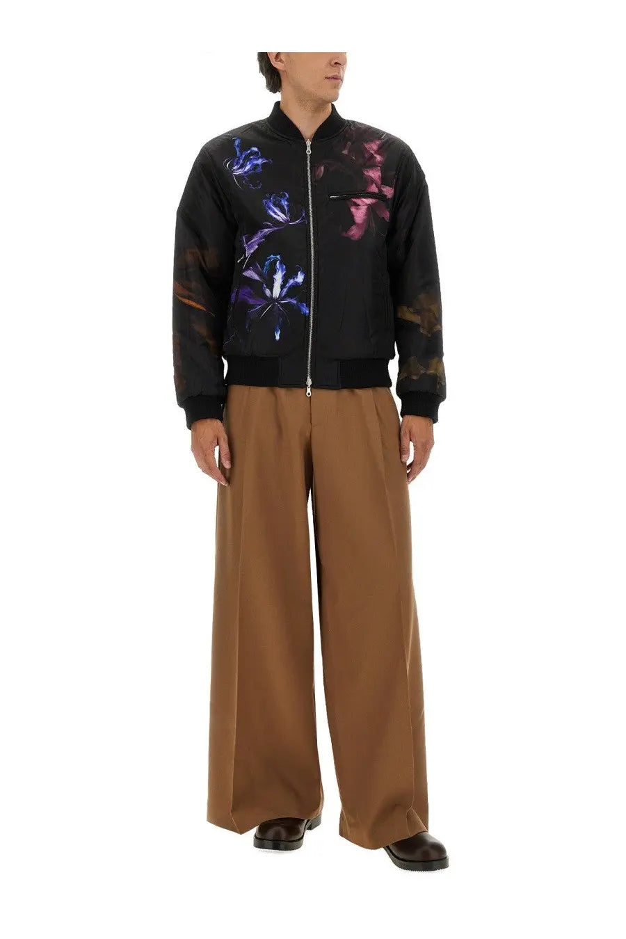 Dries Van Noten men’s reversible black bomber jacket with vibrant blue and purple floral print