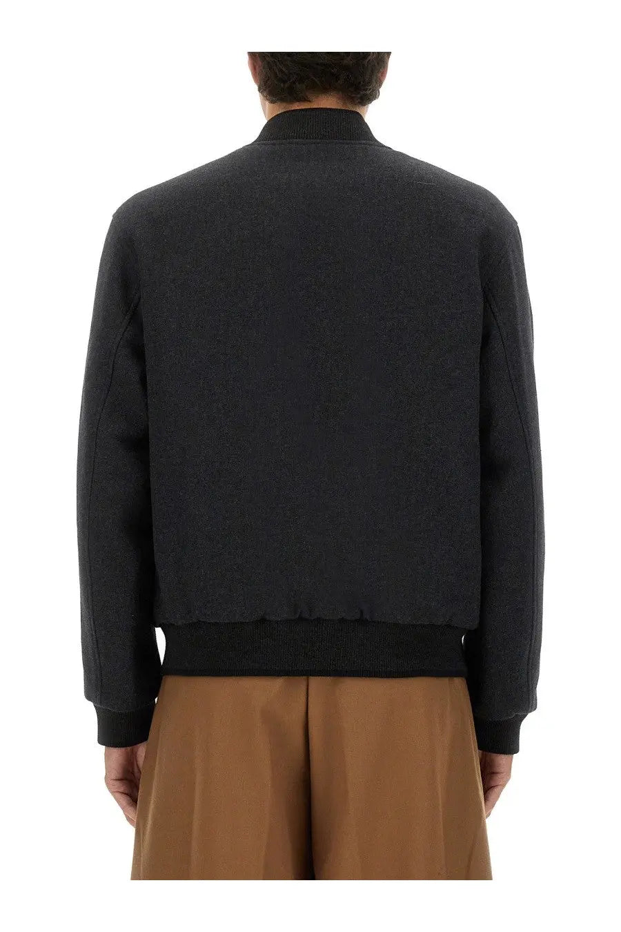 Dries Van Noten men’s reversible black wool bomber jacket with ribbed cuffs and collar for versatile wear