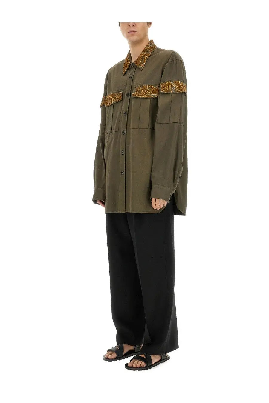 Olive green dries van noten men’s button-up shirt with ornate gold-patterned collar and sleeve accents