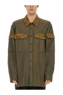 Olive green dries van noten men’s shirt with ornate gold paisley embroidery on collar sleeve cuffs and chest pockets