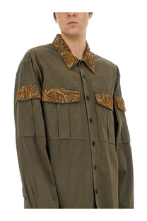 Dries Van Noten men’s olive green button-up shirt with ornate gold paisley embroidery on collar sleeve cuffs and pocket flaps