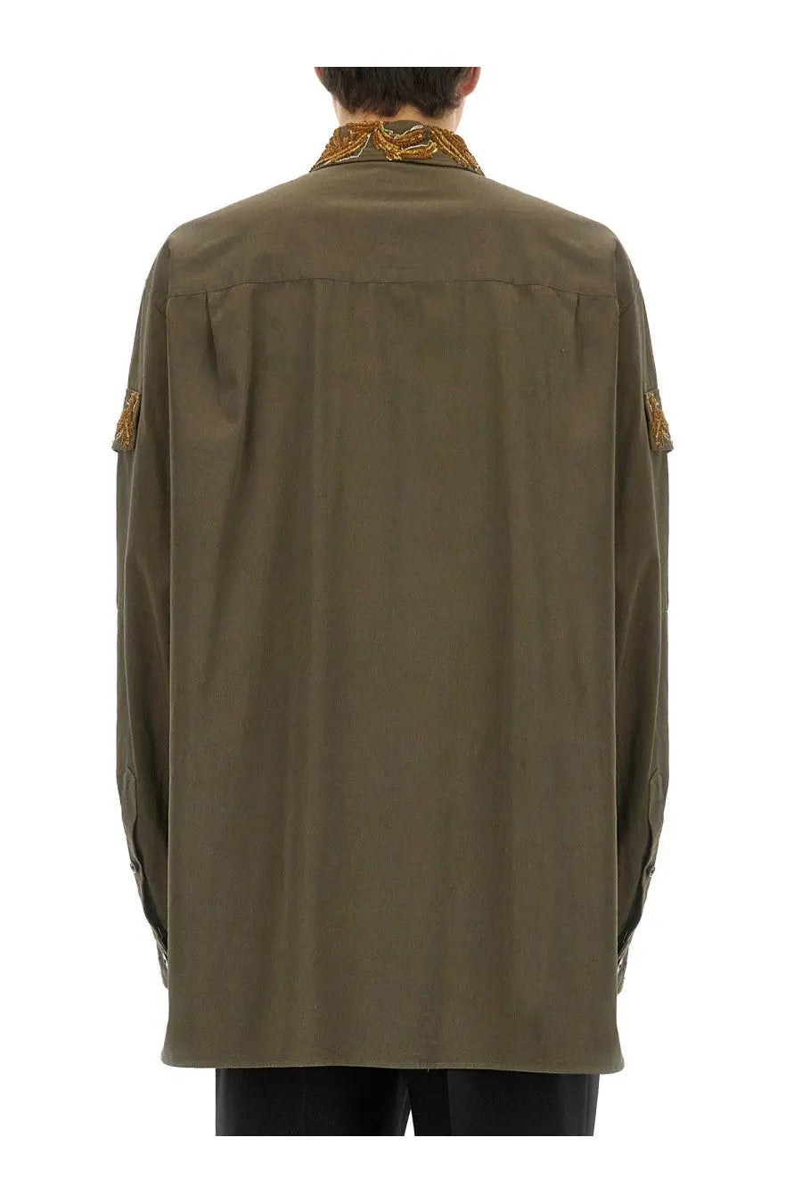 Dries Van Noten men’s olive green Versace shirt with gold embroidered collar and sleeve cuffs in brown tone