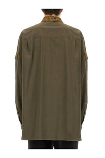 Dries Van Noten men’s olive green Versace shirt with gold embroidered collar and sleeve cuffs in brown tone