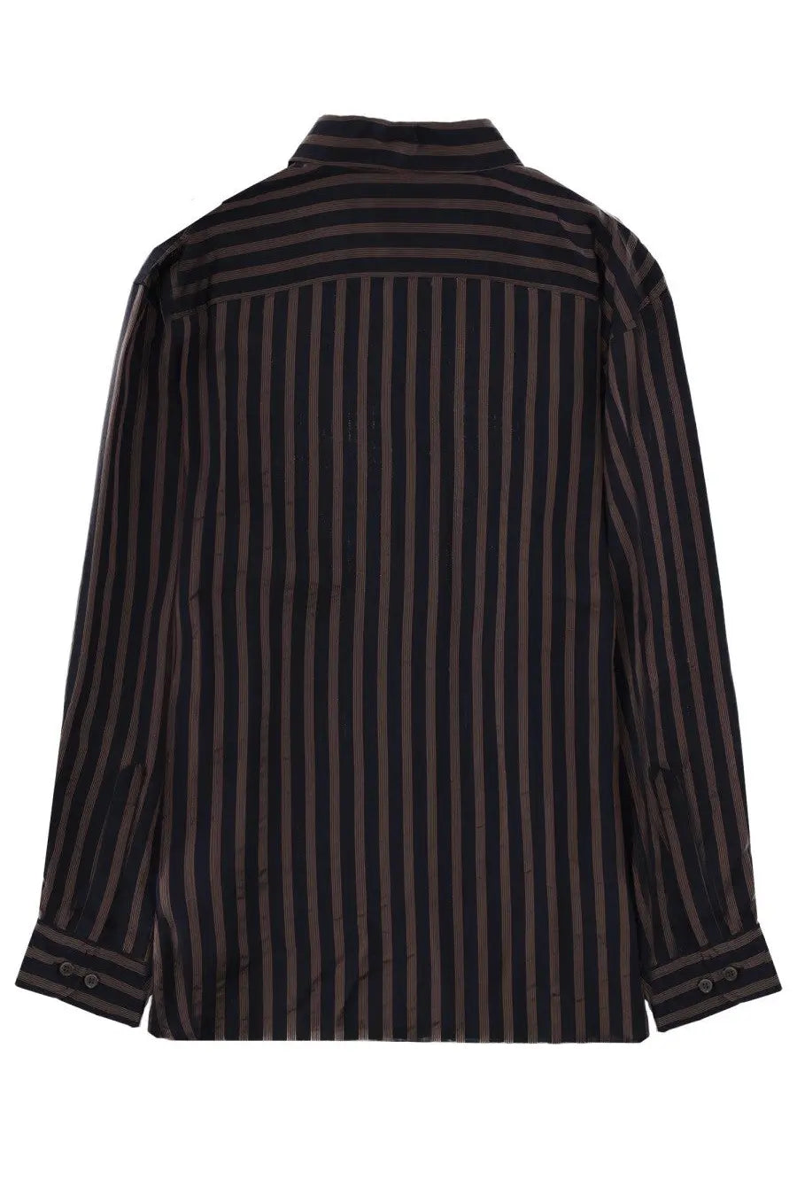 Dries Van Noten men’s long-sleeved shirt with black and brown vertical stripes and button-up collar design