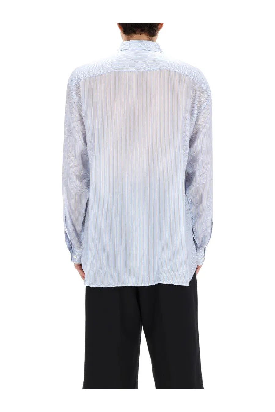 Dries Van Noten men’s shirt croom blue in light blue and white striped sheer semi-transparent fabric