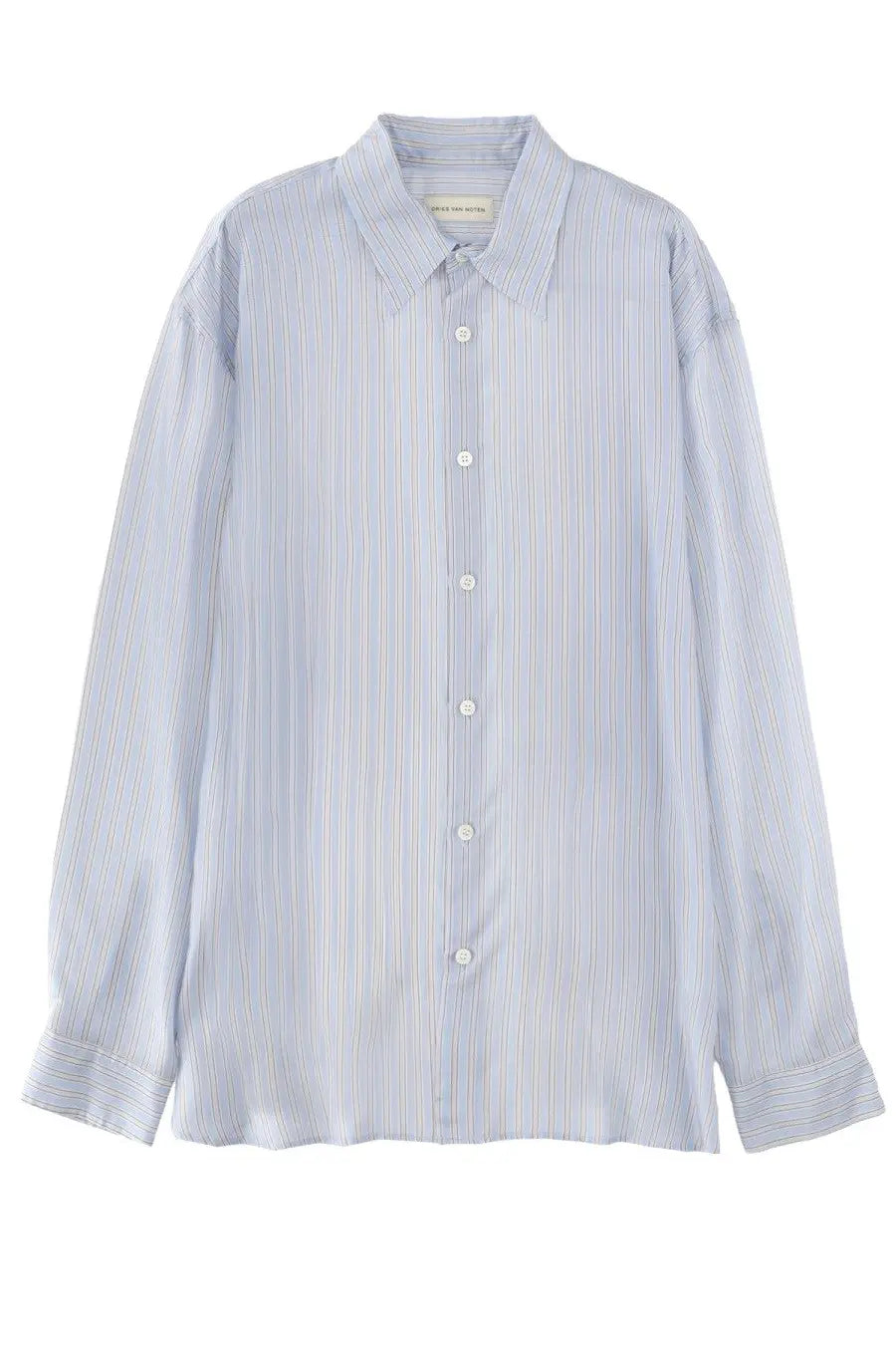 Dries Van Noten men’s button-down shirt in light blue and white stripes with subtle pastel pinstripes