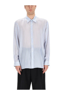 Light blue and white vertically striped long-sleeved Dries Van Noten men’s shirt with subtle sheen