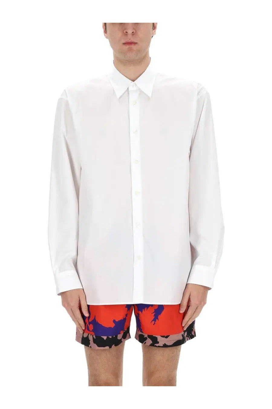 Dries Van Noten men’s white long-sleeved button-up shirt with classic collar and cuffs in cotton fabric