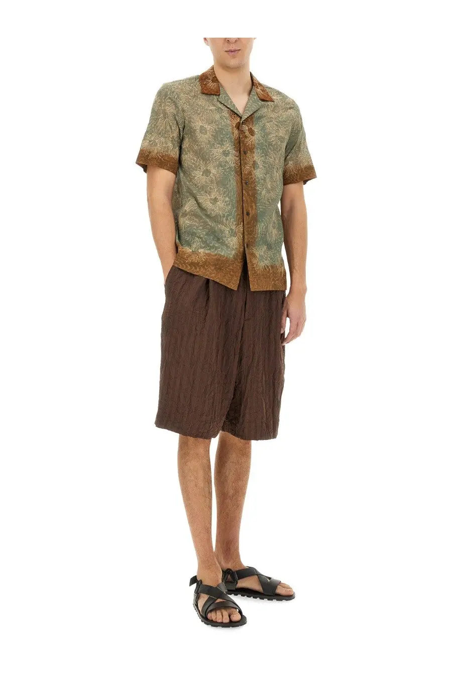 Dries van noten mens short pleated brown shirt with muted green brown floral pattern and contrasting collar cuffs hem