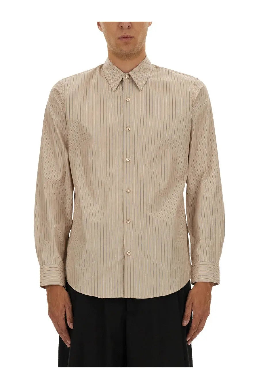 Beige pinstripe long-sleeve button-down shirt with matching buttons from dries van noten for men