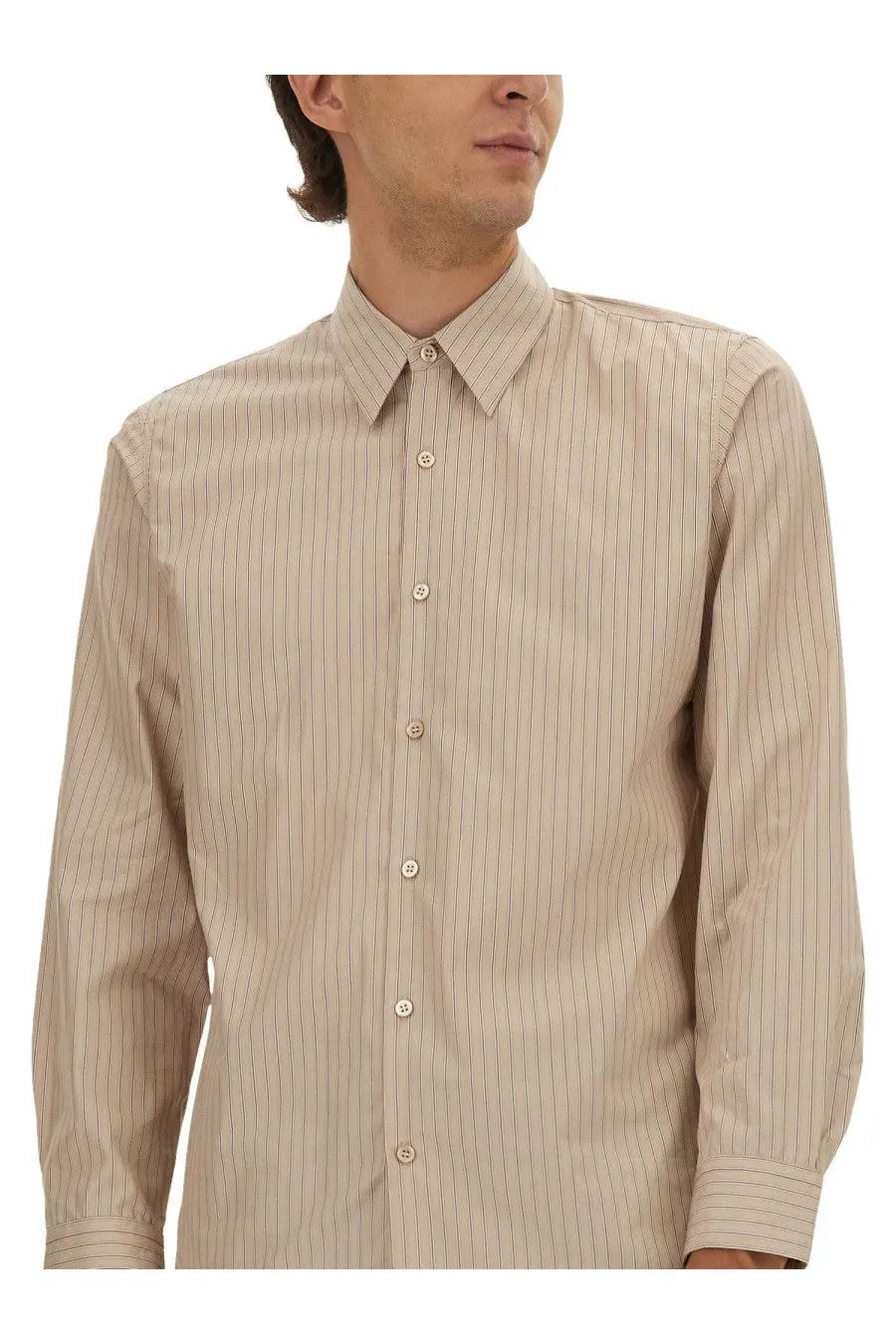 Dries Van Noten men’s beige pinstripe long-sleeve button-down shirt with matching buttons and striped design