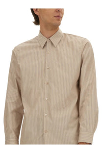 Dries Van Noten men’s beige pinstripe long-sleeve button-down shirt with matching buttons and striped design