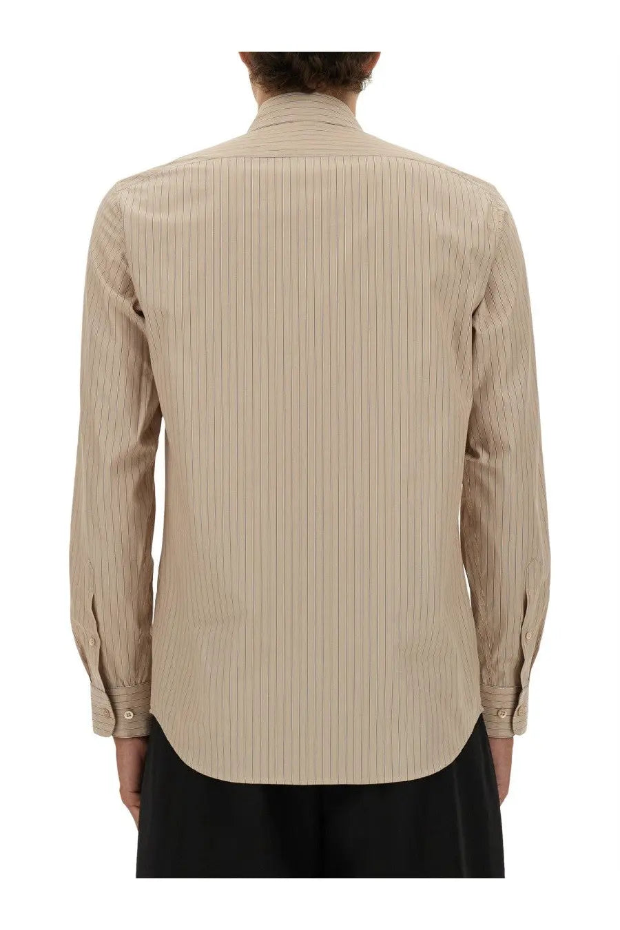 Dries Van Noten men’s beige pinstripe long-sleeve dress shirt with classic collar and buttoned cuffs