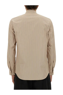 Dries Van Noten men’s beige pinstripe long-sleeve dress shirt with classic collar and buttoned cuffs