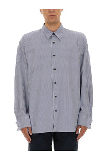 Dries van noten men’s classic long-sleeved striped shirt in navy and white vertical stripes with pointed collar and cuffs