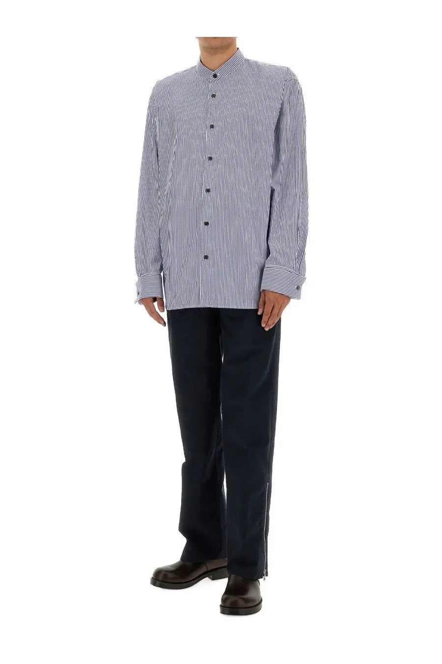 Dries Van Noten men’s striped shirt in navy and white with vertical stripes and a stand collar long-sleeve button-up