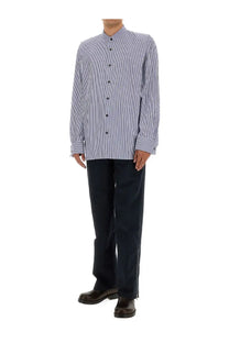 Dries Van Noten men’s striped shirt in navy and white with vertical stripes and a stand collar long-sleeve button-up