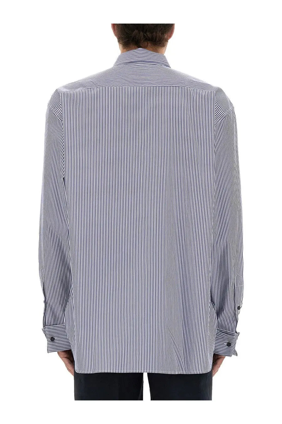A dries van noten men’s striped shirt with navy and white vertical stripes and a classic collar in long sleeves