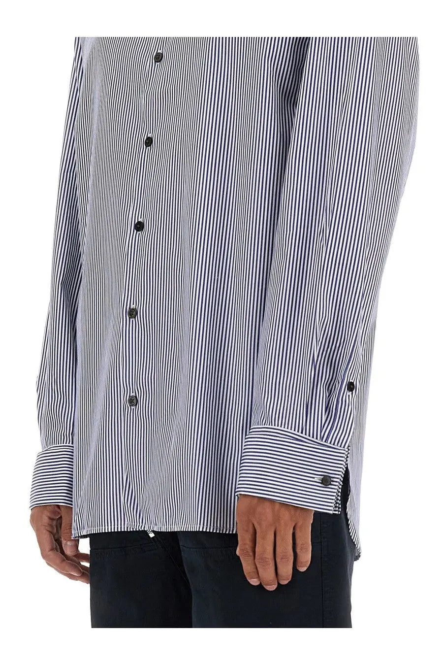 Dries Van Noten men’s navy and white vertically striped long-sleeved button-down shirt with black buttons