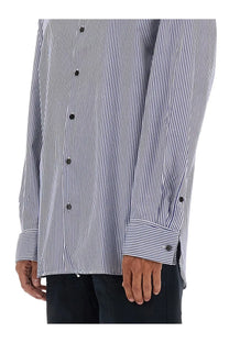 Dries Van Noten men’s navy and white vertically striped long-sleeved button-down shirt with black buttons