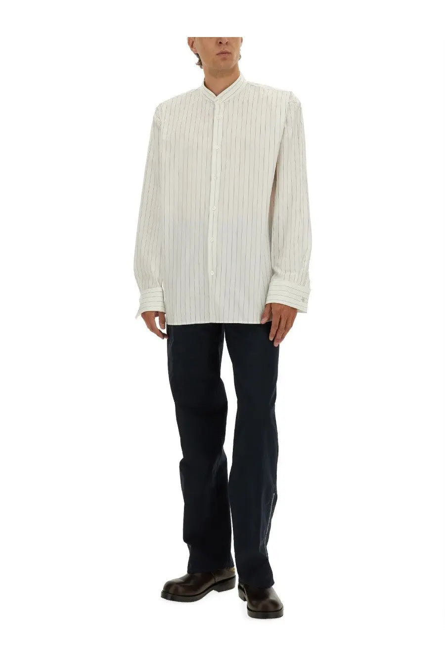 Dries Van Noten men’s white button-up shirt with thin vertical stripes and a mandarin collar