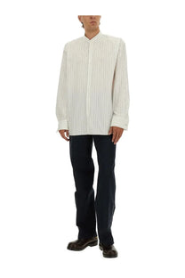 Dries Van Noten men’s white button-up shirt with thin vertical stripes and a mandarin collar