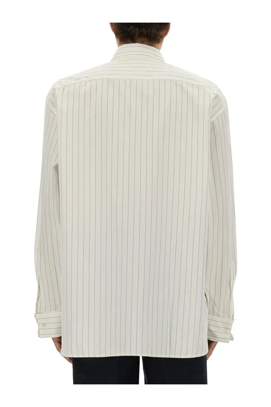 Dries Van Noten men’s cream-colored button-up shirt with fine black vertical pinstripes and classic collar