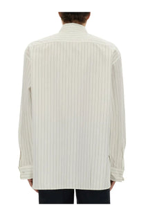 Dries Van Noten men’s cream-colored button-up shirt with fine black vertical pinstripes and classic collar