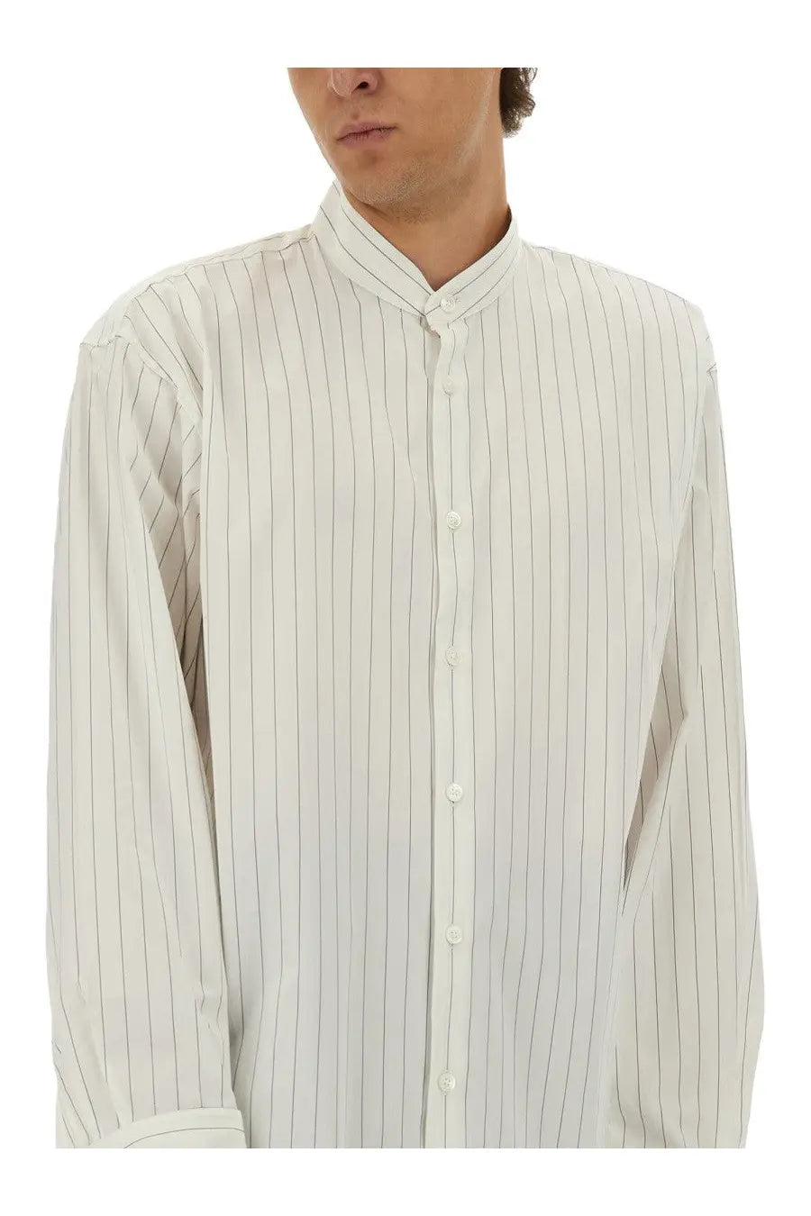 Dries van noten men’s white button-down shirt with fine vertical pinstripes and mandarin collar