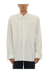 Dries Van Noten men’s long-sleeved white shirt with fine vertical pinstripes and button-up front