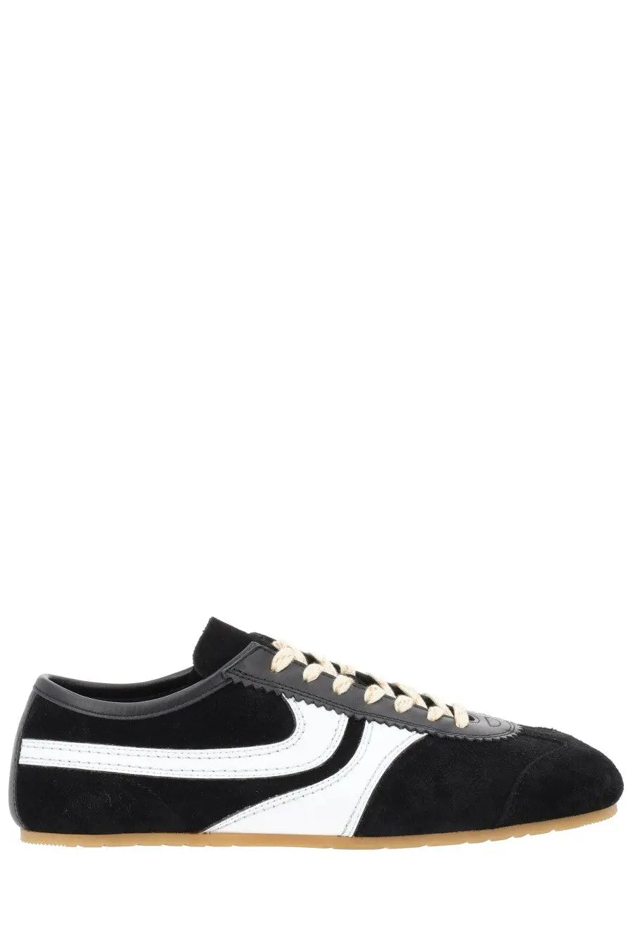 Dries Van Noten men’s black suede sneaker with bold white swoosh and cream-colored laces