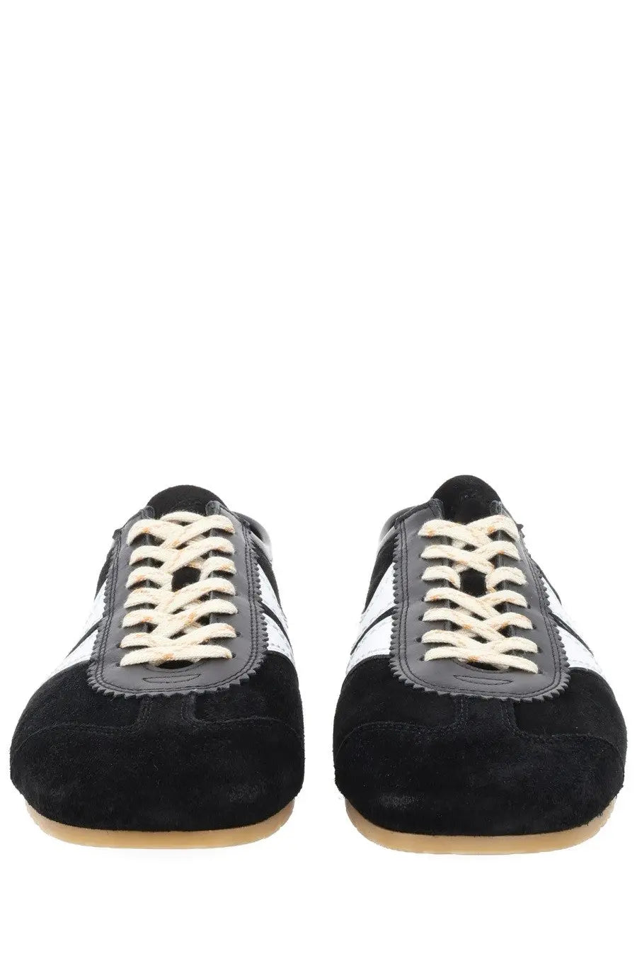 Dries Van Noten men’s black suede sneaker with white stripes and cream-colored laces