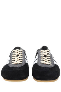 Dries Van Noten men’s black suede sneaker with white stripes and cream-colored laces