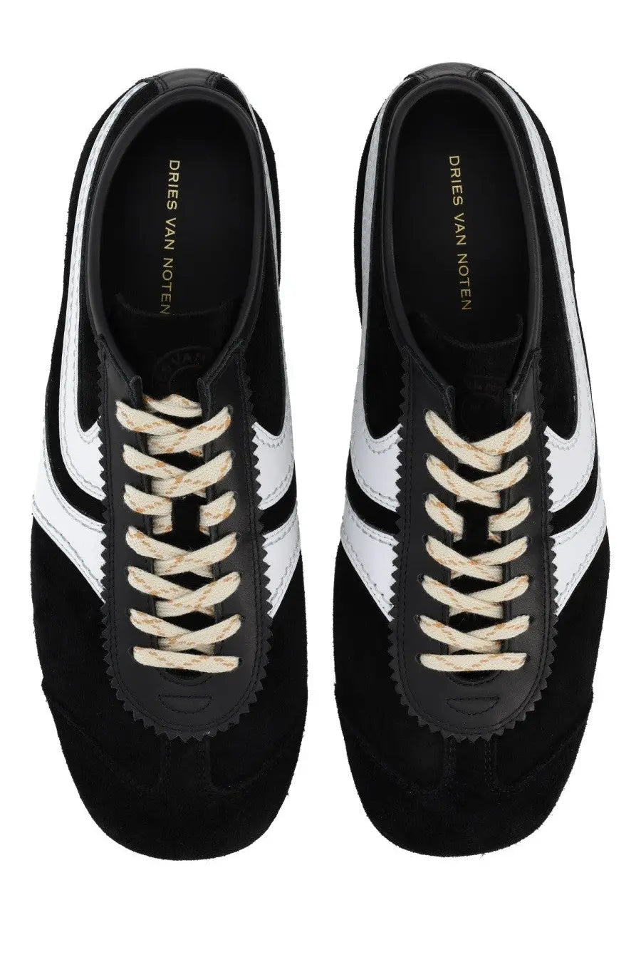 Dries van noten men’s suede sneaker black featuring black and white suede with cream-colored laces and classic athletic design