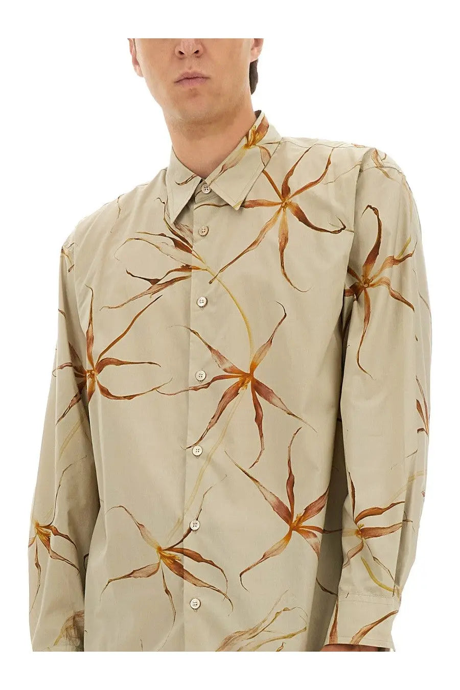 Beige Dries Van Noten men’s long-sleeved button-up shirt with brown and gold starburst floral print