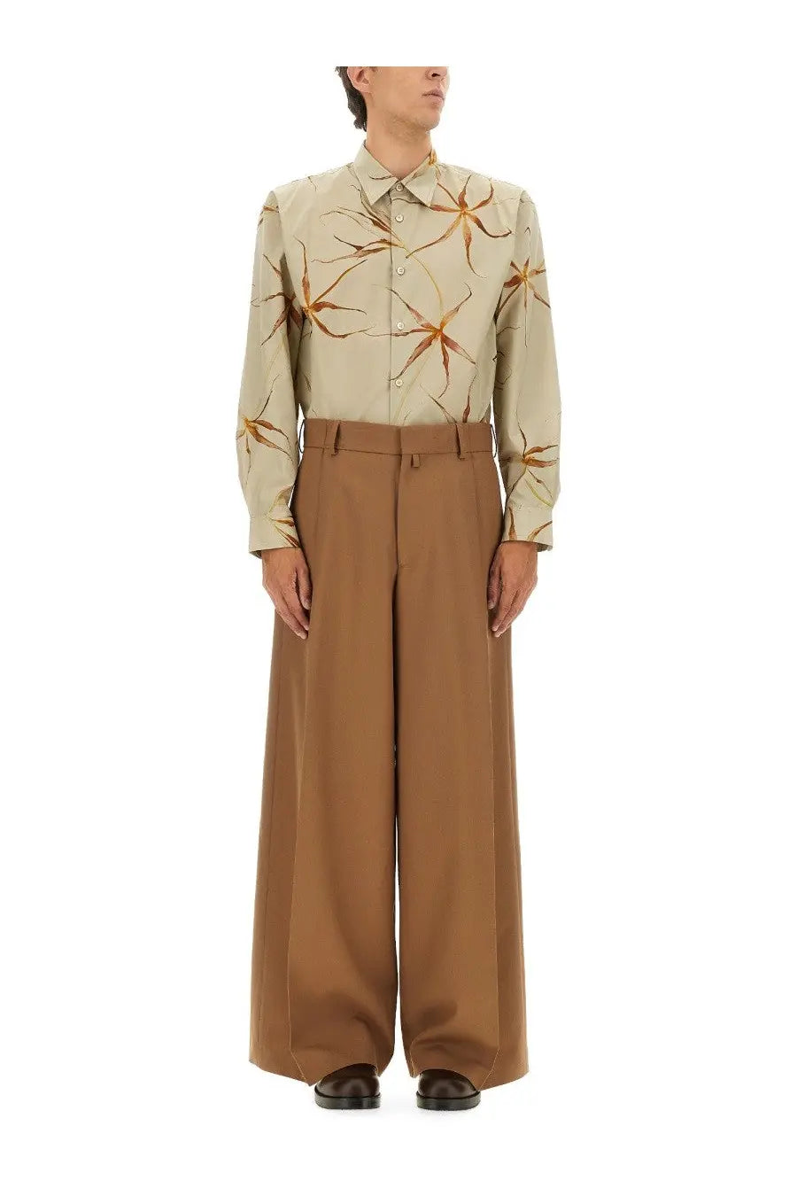 Beige long-sleeved button-up shirt with starburst pattern in warm brown tones by Dries Van Noten men’s multicolor tulip print shirt